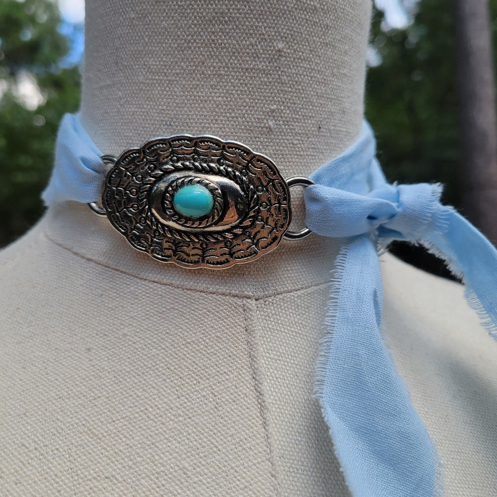 Faux Tilly Turquoise Concho & Faux Silver Slide for Twilly - Picture 3 of 9